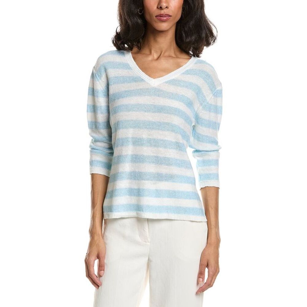 Forte Womens  Beach Stripe V-Neck Linen Sweater, White